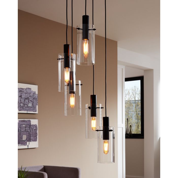 Montefino 5 light Pendant (5x60w E27)  Blk/clr - pendant - Lux Lighting