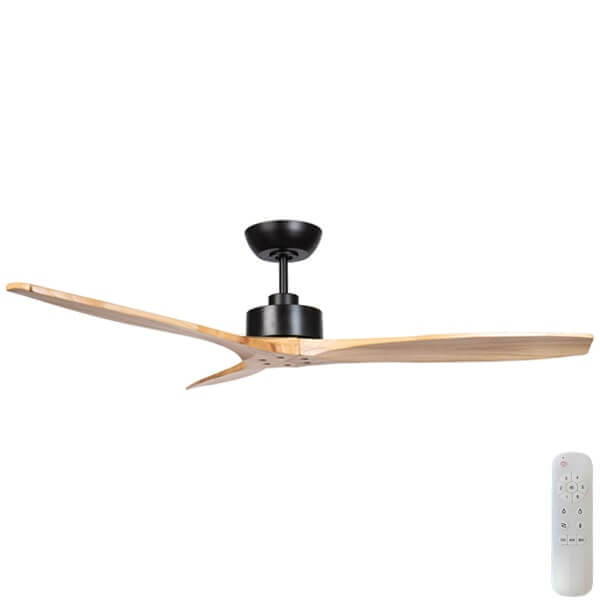 Model 2021 Wynd Dc - 54 - Matt BLACK Motor - Handcrafted Timber Natural Blades - Ceiling Fan - Lux Lighting