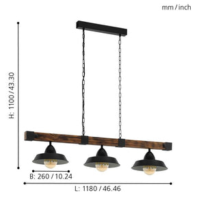 OLDBURY H/L 3X60W E27 BLK/RUSTIC WOOD