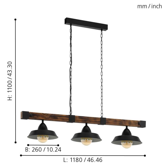 OLDBURY H/L 3X60W E27 BLK/RUSTIC WOOD