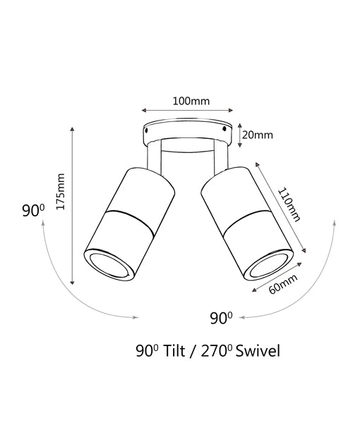 DOUBLE ADJUSTABLE GU10 Exterior Wall Pillar Spot Lights (Anodized Aluminium) IP65